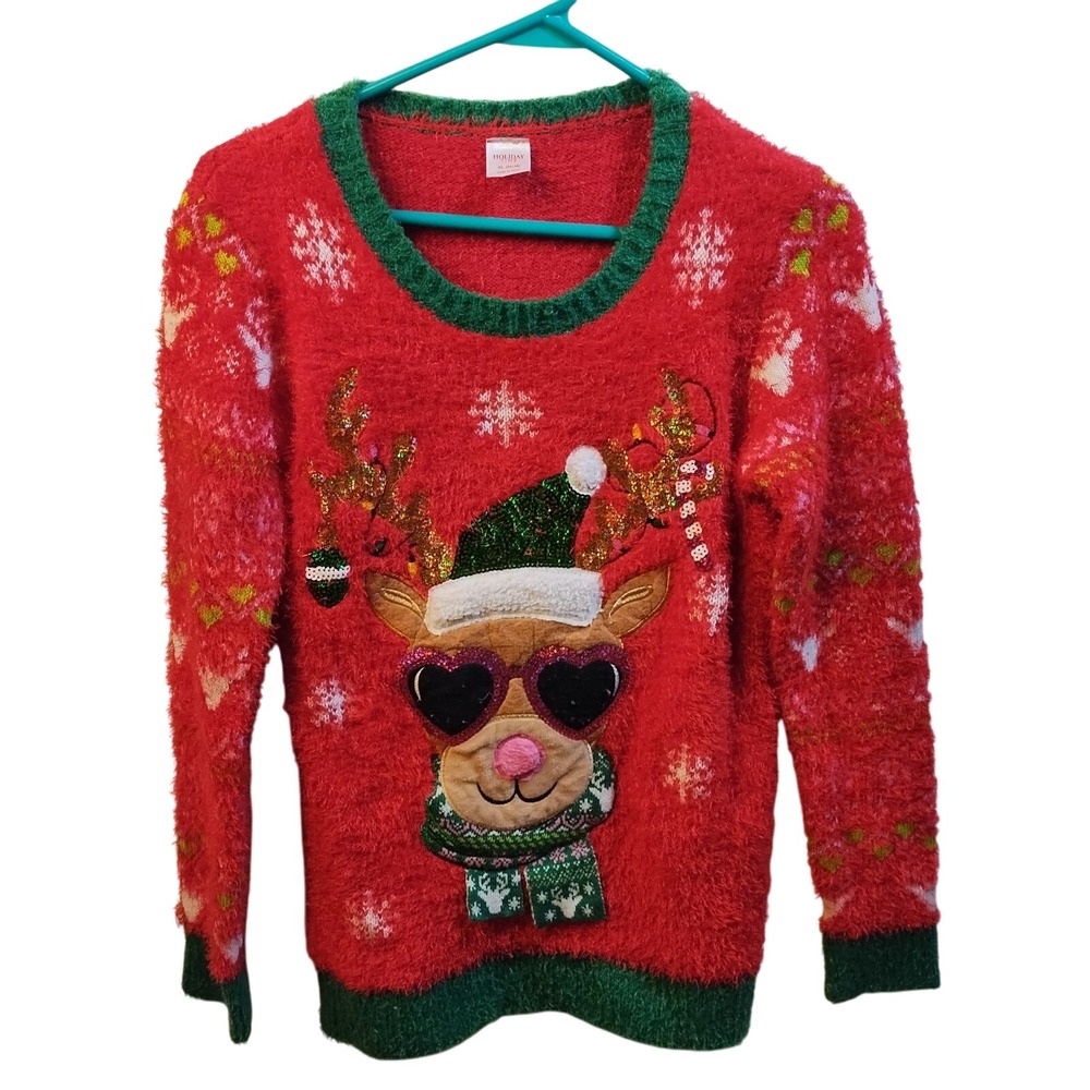 Holiday Time Red Fluffy Reindeer Ugly‎ Christmas Sweater Girl's XL 14-16 Sequins